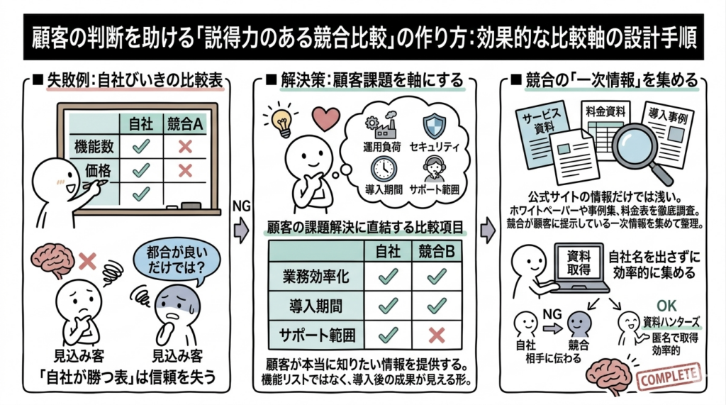 Q.提案資料に競合比較を入れるには?説得力のある比較軸の作り方は?