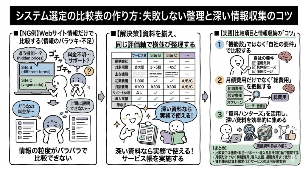 Q.システム選定の比較表を作るには？機能・料金・サポートの整理方法は？