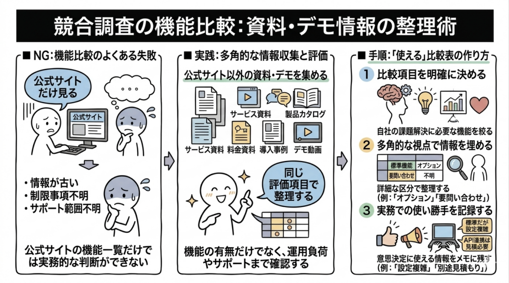 Q.競合調査で機能比較を行うには？資料・デモ情報を整理する手順は？