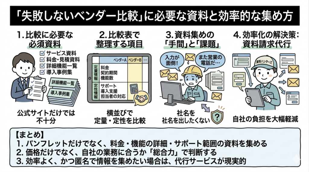 Q.ベンダー比較に必要な資料とは？料金・機能・サポート情報の集め方は？